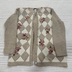 Vintage Silk Mohair Argyle Floral Embellished Chunky Grannycore Cardigan - Small